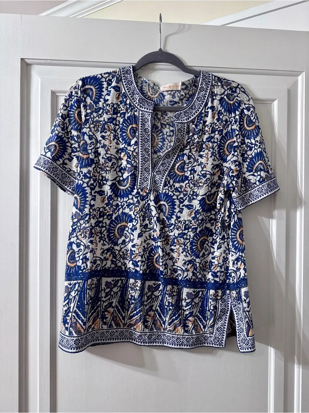 Tory Burch Navy, Cream & Tan Floral Embroidered Short Sleeve Tunic